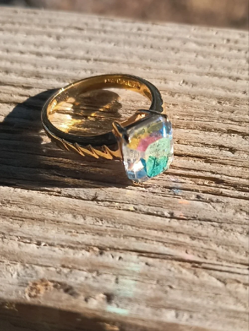 Gold-Tone Ring with Iridescent Square Crystal - Women Jewelry